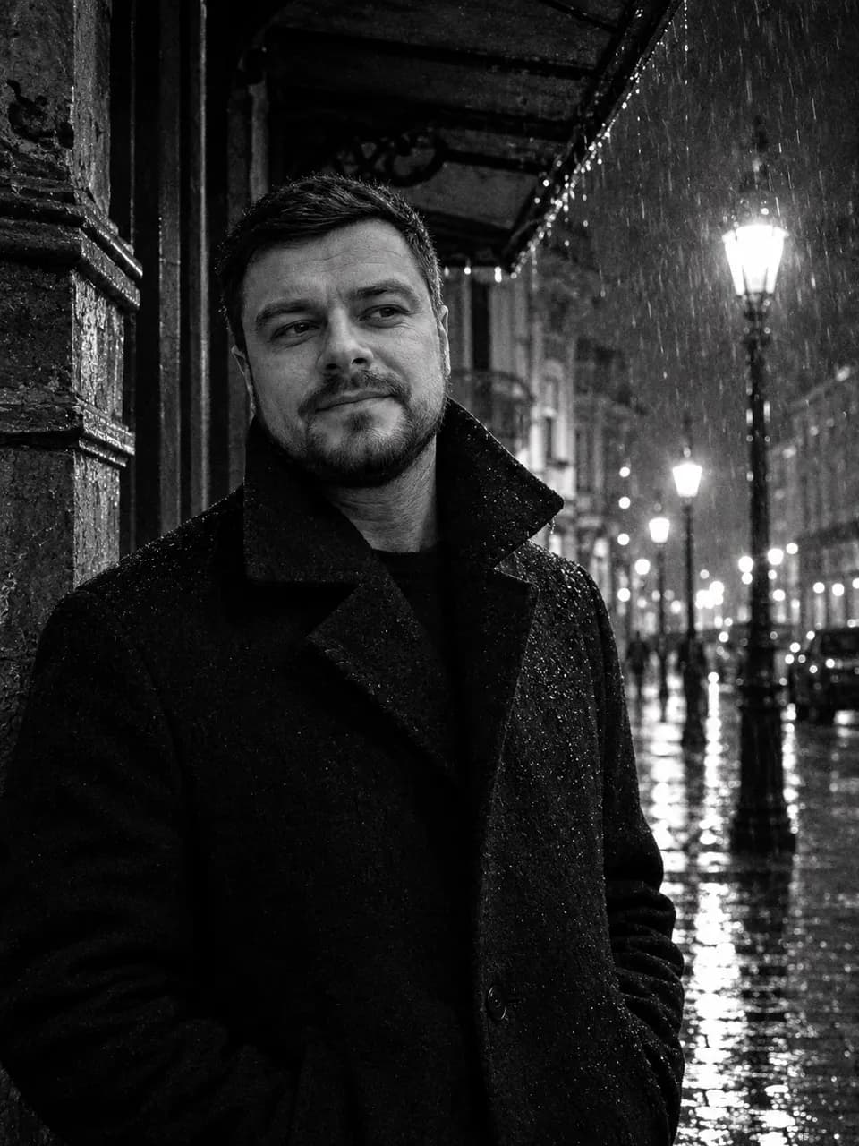 Чёрно-белое уличное фото мужчины в пальто под дождём, нейросеть