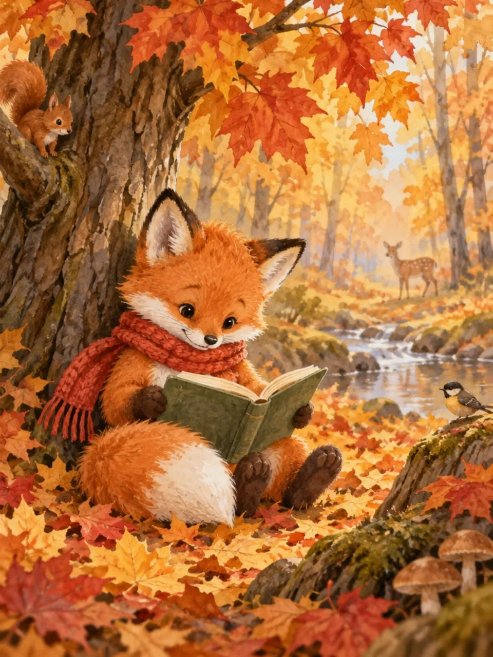 Создать видео нейросетью: лисёнок в шарфе листает книгу в осеннем лесу