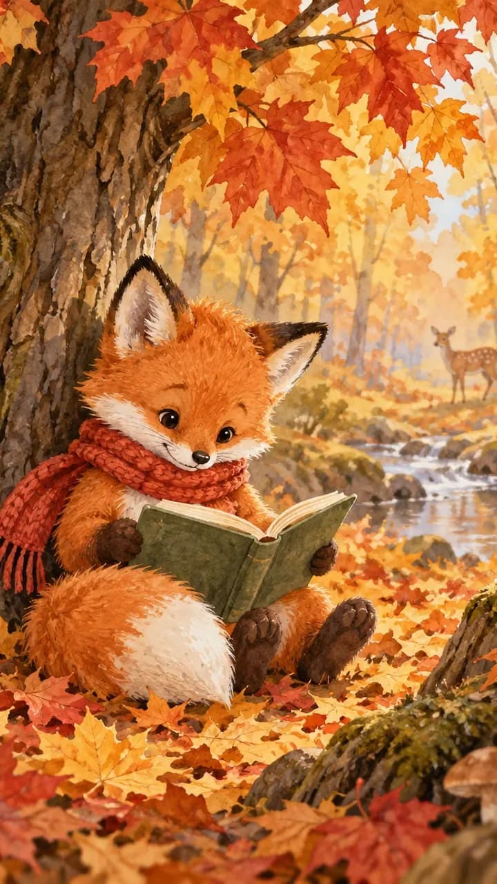 Сгенерировать видео в Veo: лисёнок с книгой и птичка на ветке