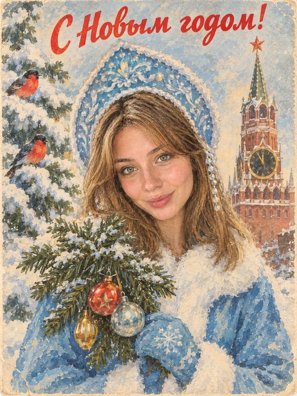 Советская новогодняя открытка по фото: девушка в образе Снегурочки, гуашь, надпись «С Новым годом!»