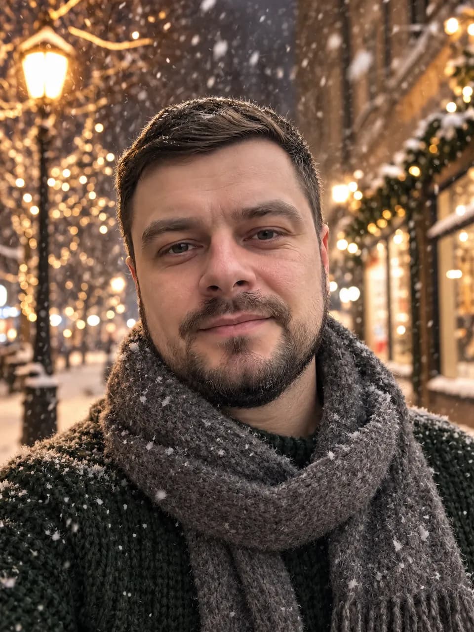 Новогодняя аватарка мужчины: зелёный свитер, снегопад и огни вечерней улицы