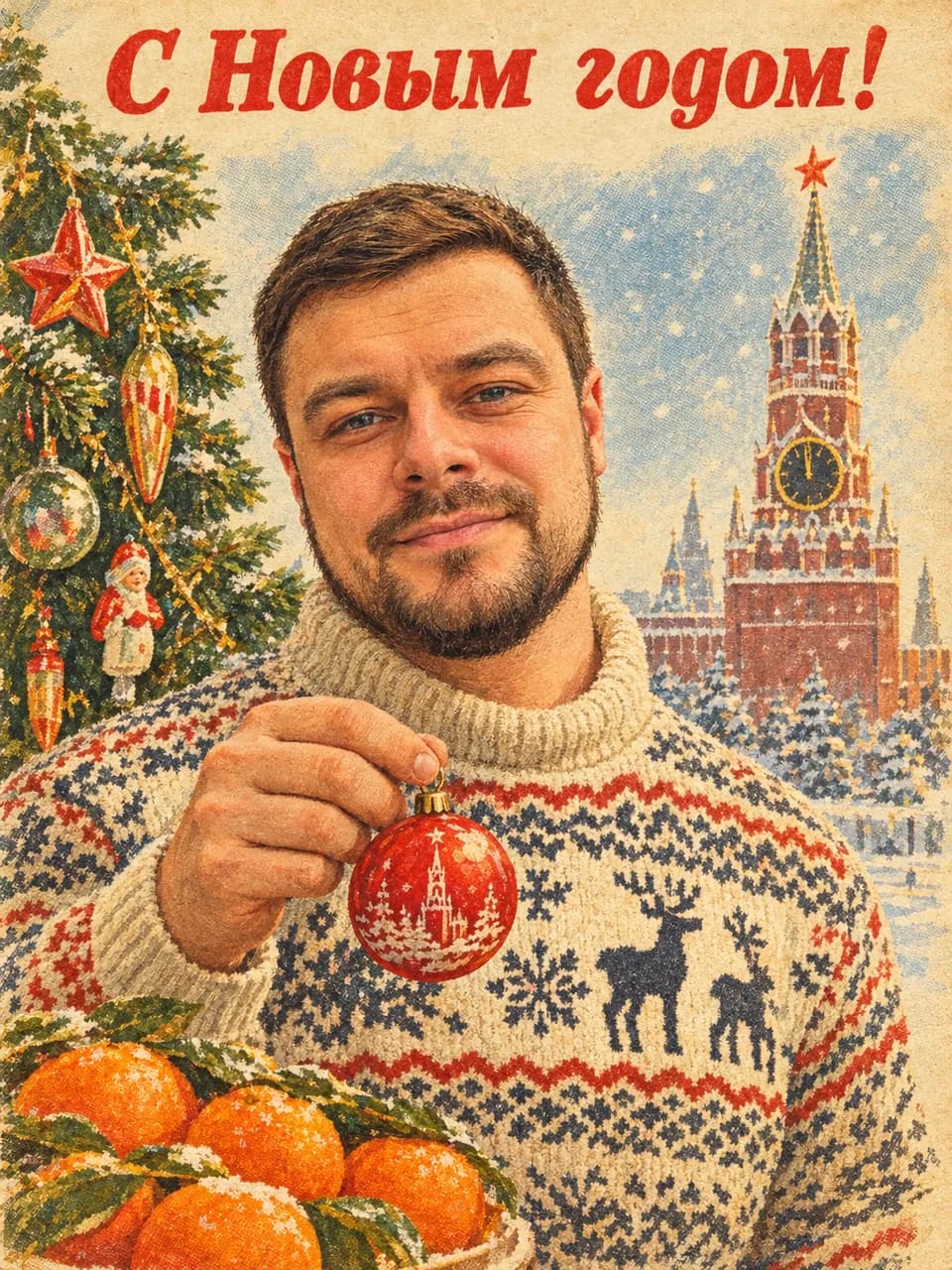 Советская новогодняя открытка из фото мужчины: свитер с оленями, ёлка и куранты