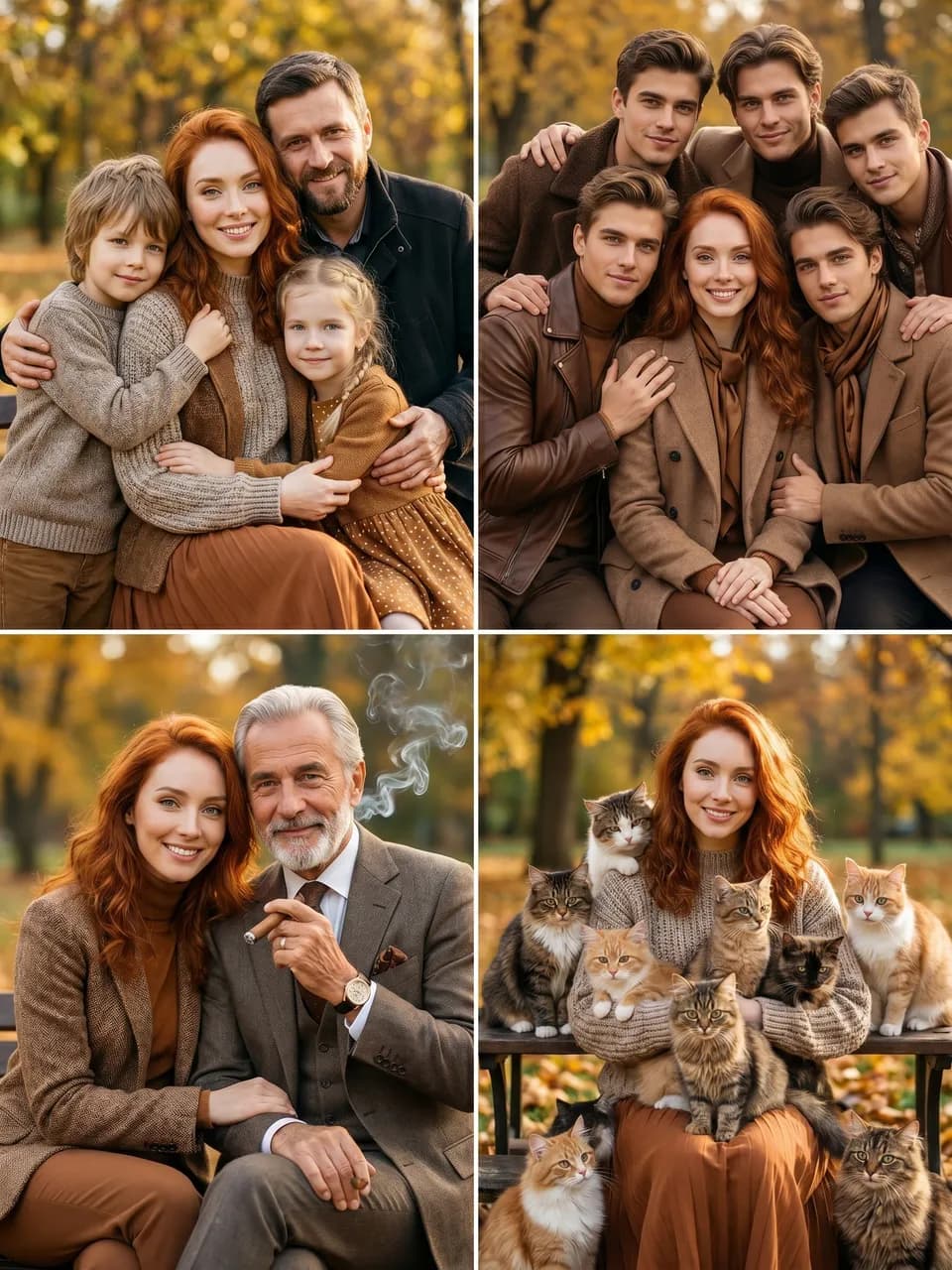 Коллаж семейной фотосессии в осеннем парке: семья с детьми, бабушкой и дедушкой