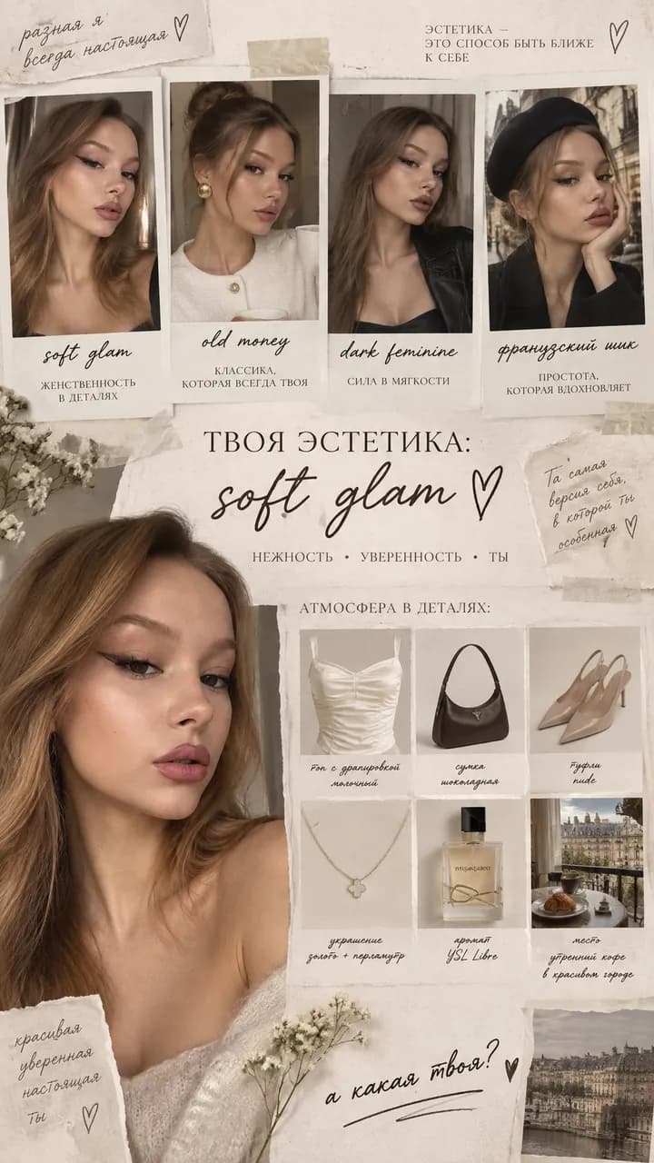 Твоя эстетика по фото: soft glam, old money, dark feminine и французский шик на одном лице