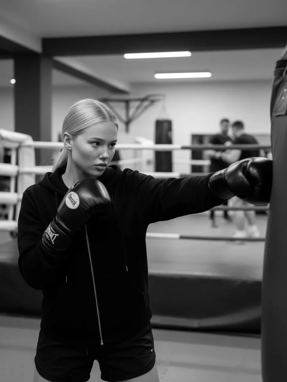 Чёрно-белое фото девушки в боксёрских перчатках в спортивном зале