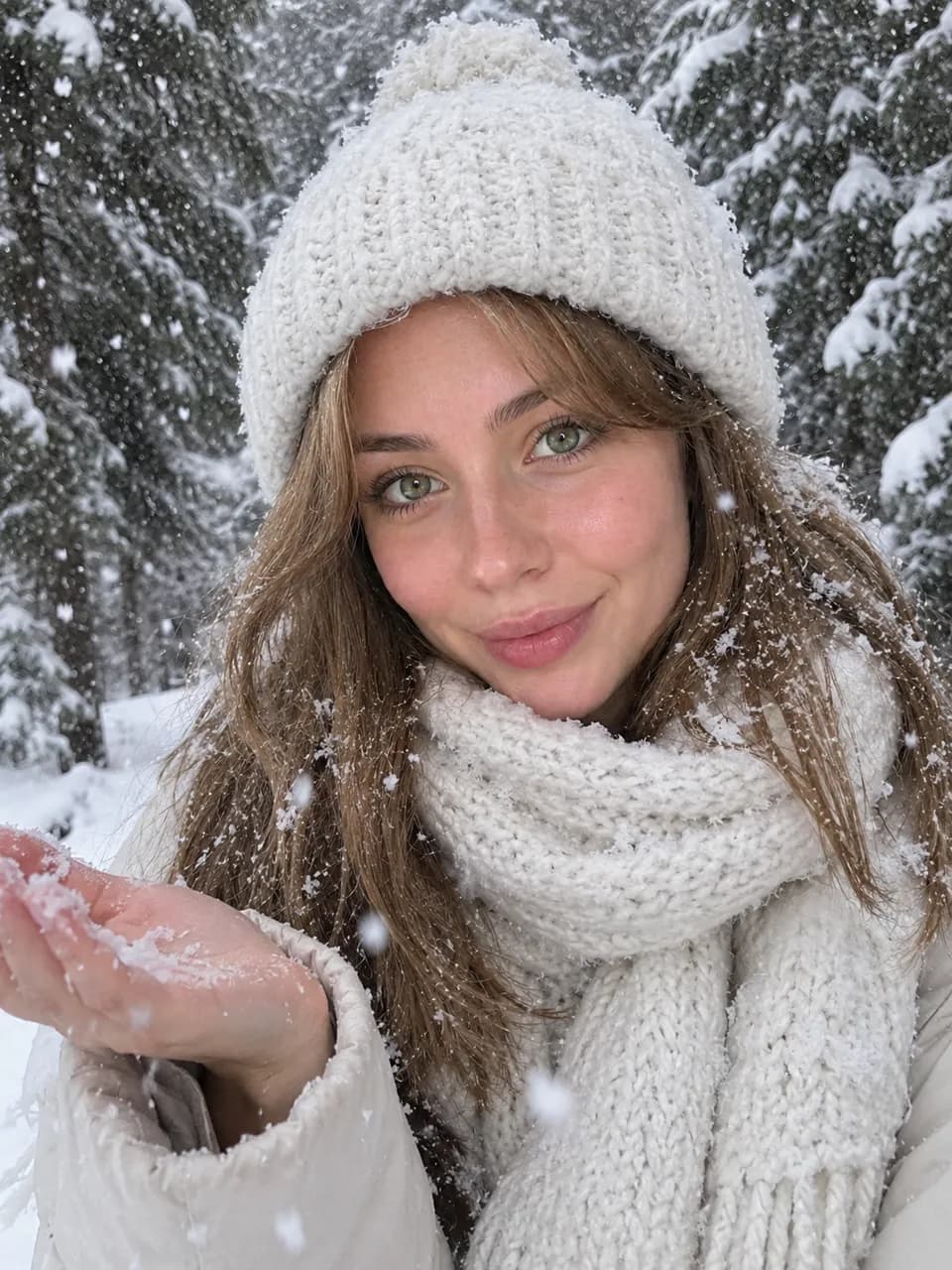 Зимняя фотосессия нейросетью: девушка в белой шапке ловит снежинки в заснеженном лесу