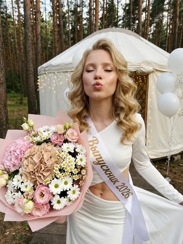 Фото на выпускной нейросетью: букет и лента «Выпускница»