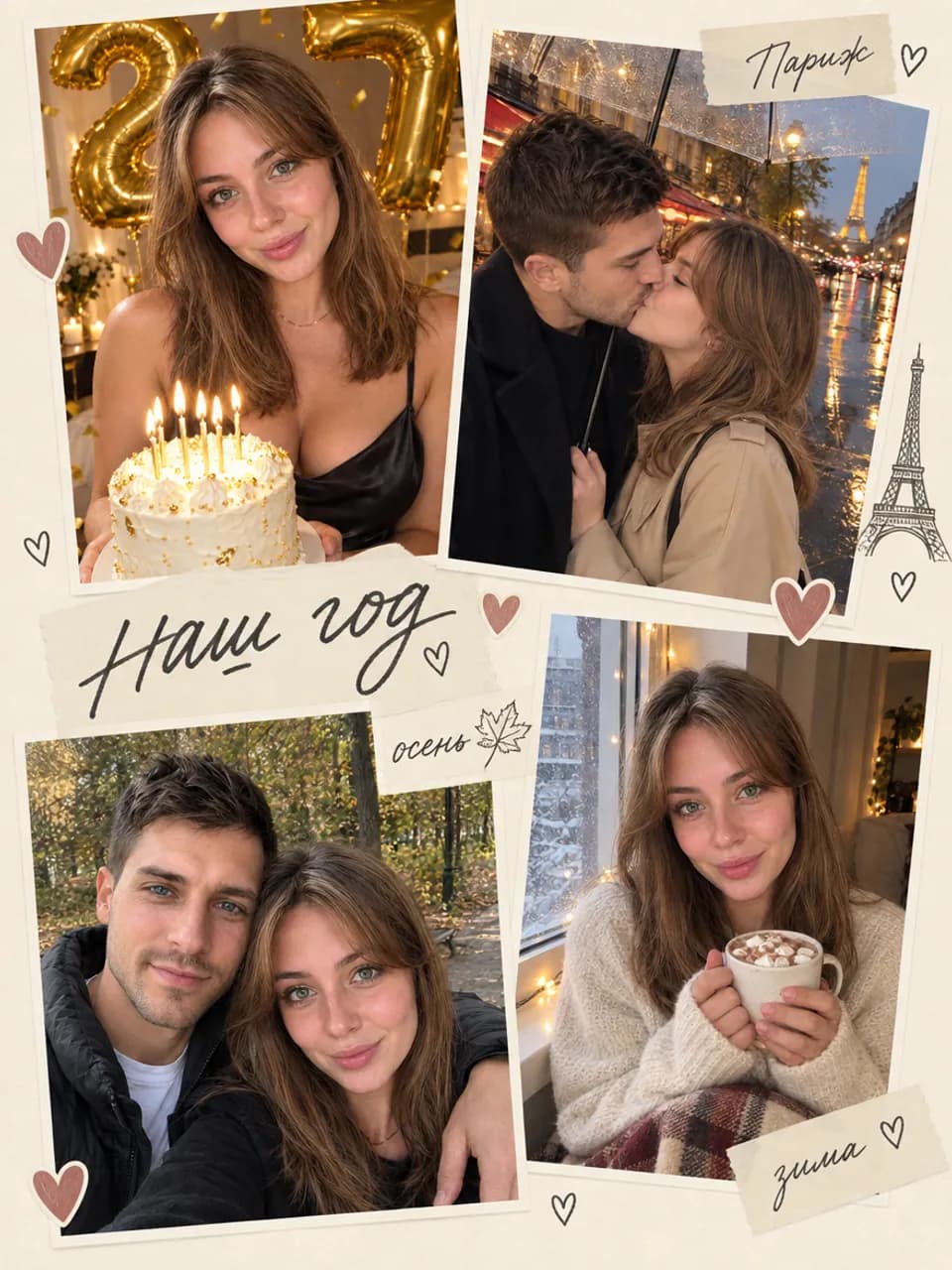 Сделать коллаж из фото онлайн: журнальный разворот «Наш год» с подписями и наклейками