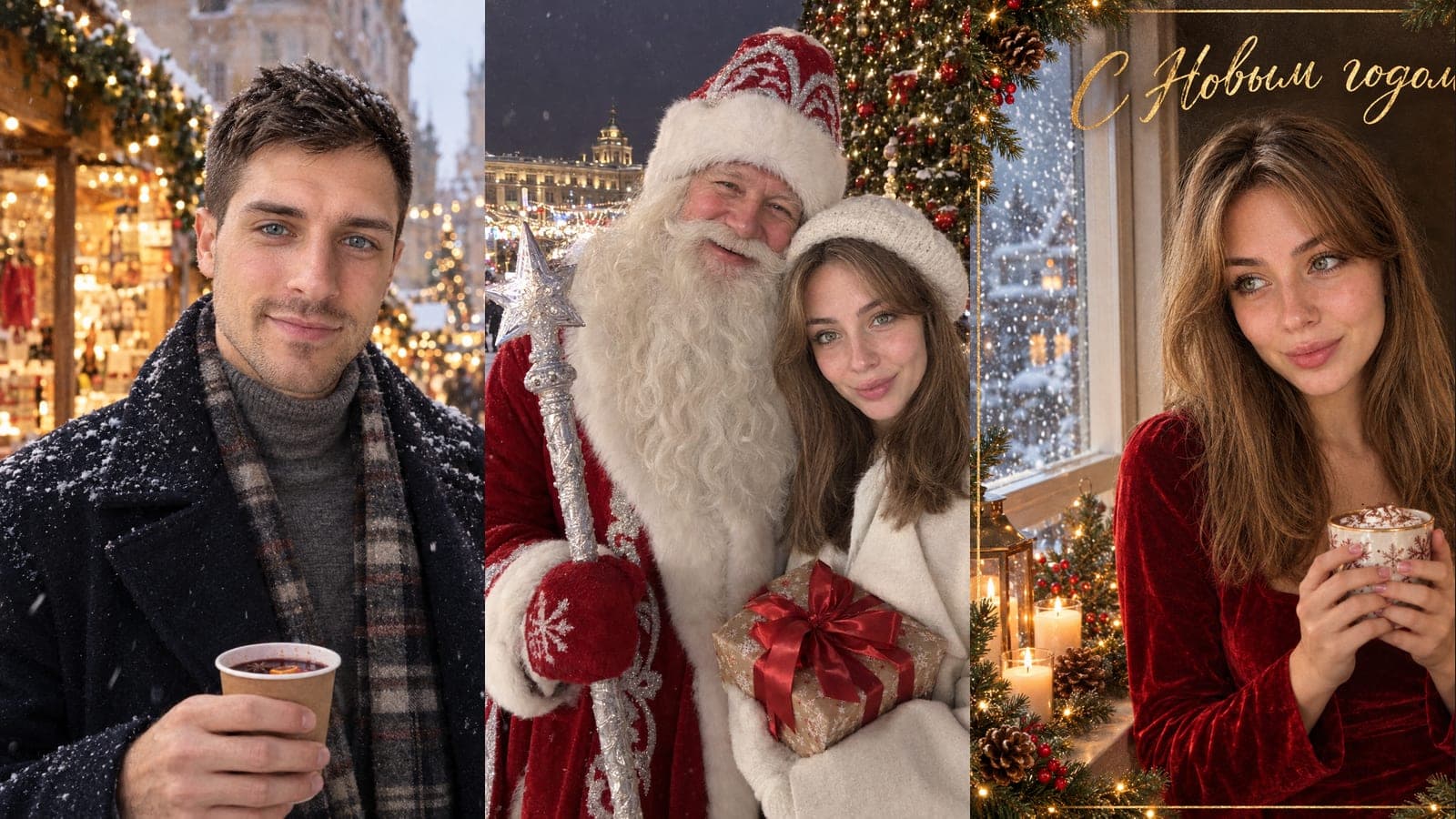 Новогодние фото нейросетью: зимняя ярмарка, Дед Мороз и новогодняя открытка