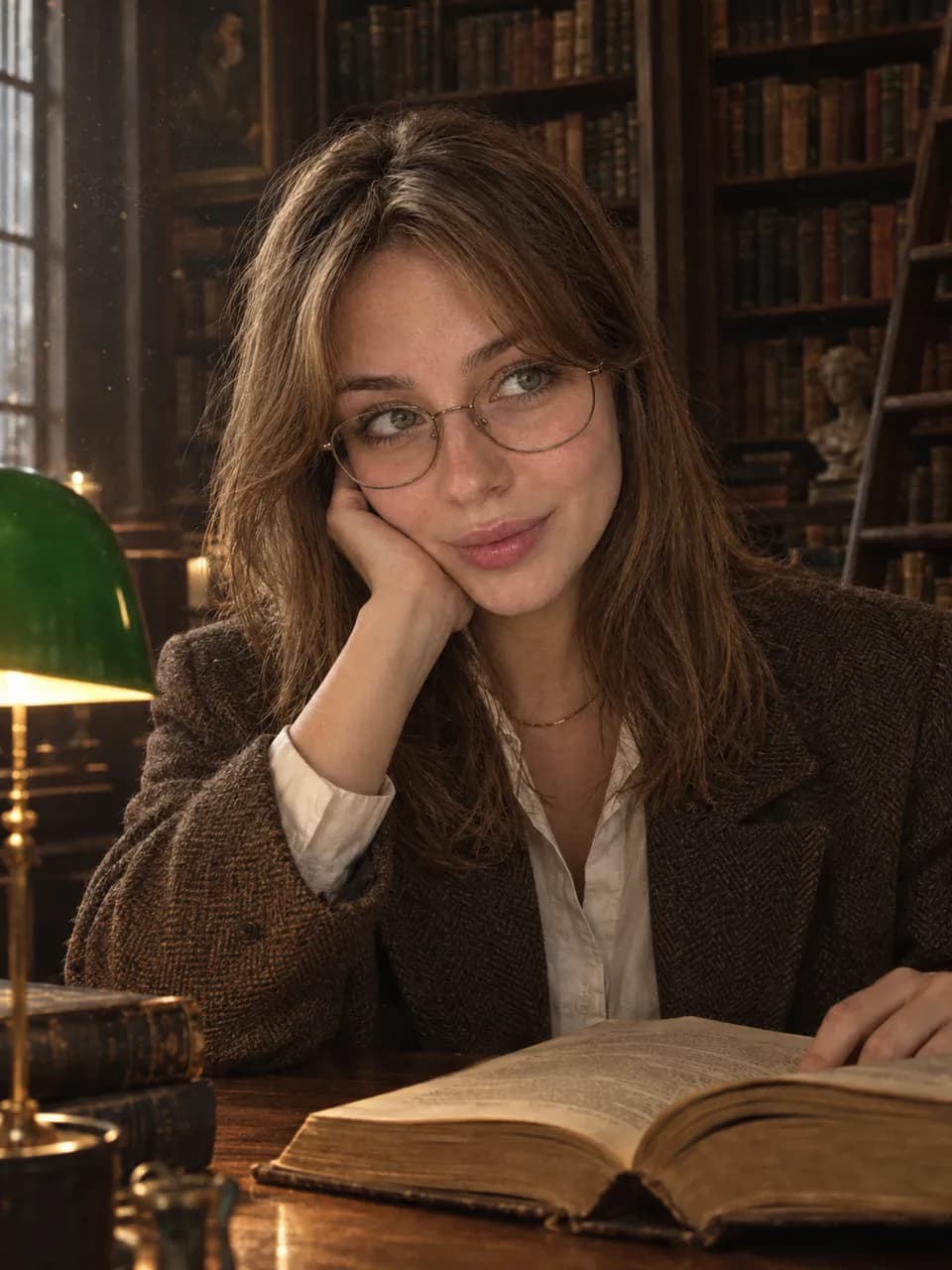 Промт в стиле dark academia: девушка в очках с книгой в старой библиотеке