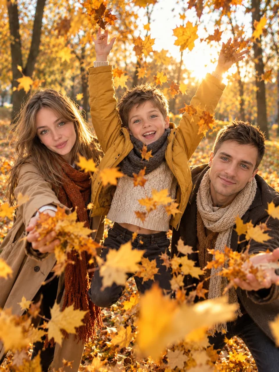 Промт для осенней семейной фотосессии: семья подбрасывает листья в парке