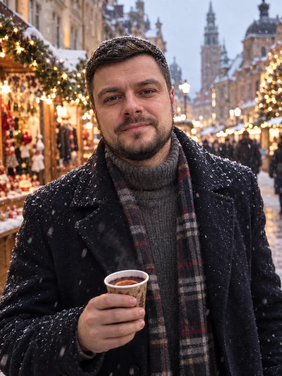 Новогоднее фото мужчины по селфи: пальто, глинтвейн и огни рождественской ярмарки