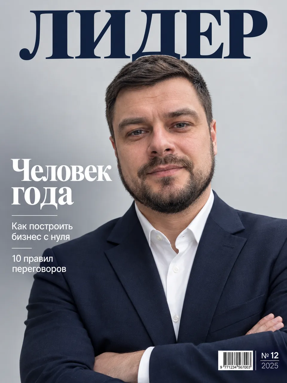 Обложка делового журнала с фото мужчины в костюме: «Человек года»