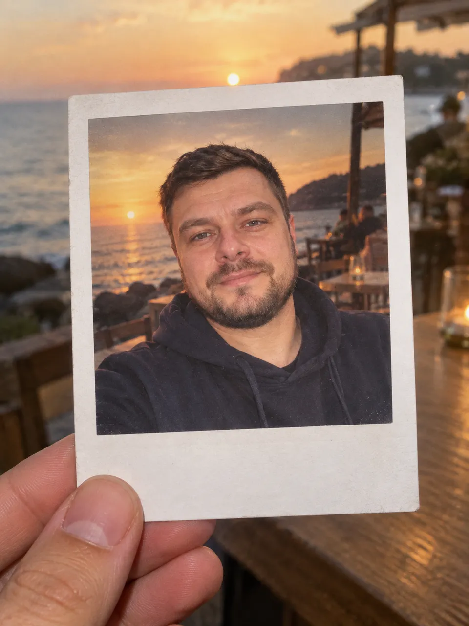 Полароид мужчины в кафе у моря на закате, снимок в руке
