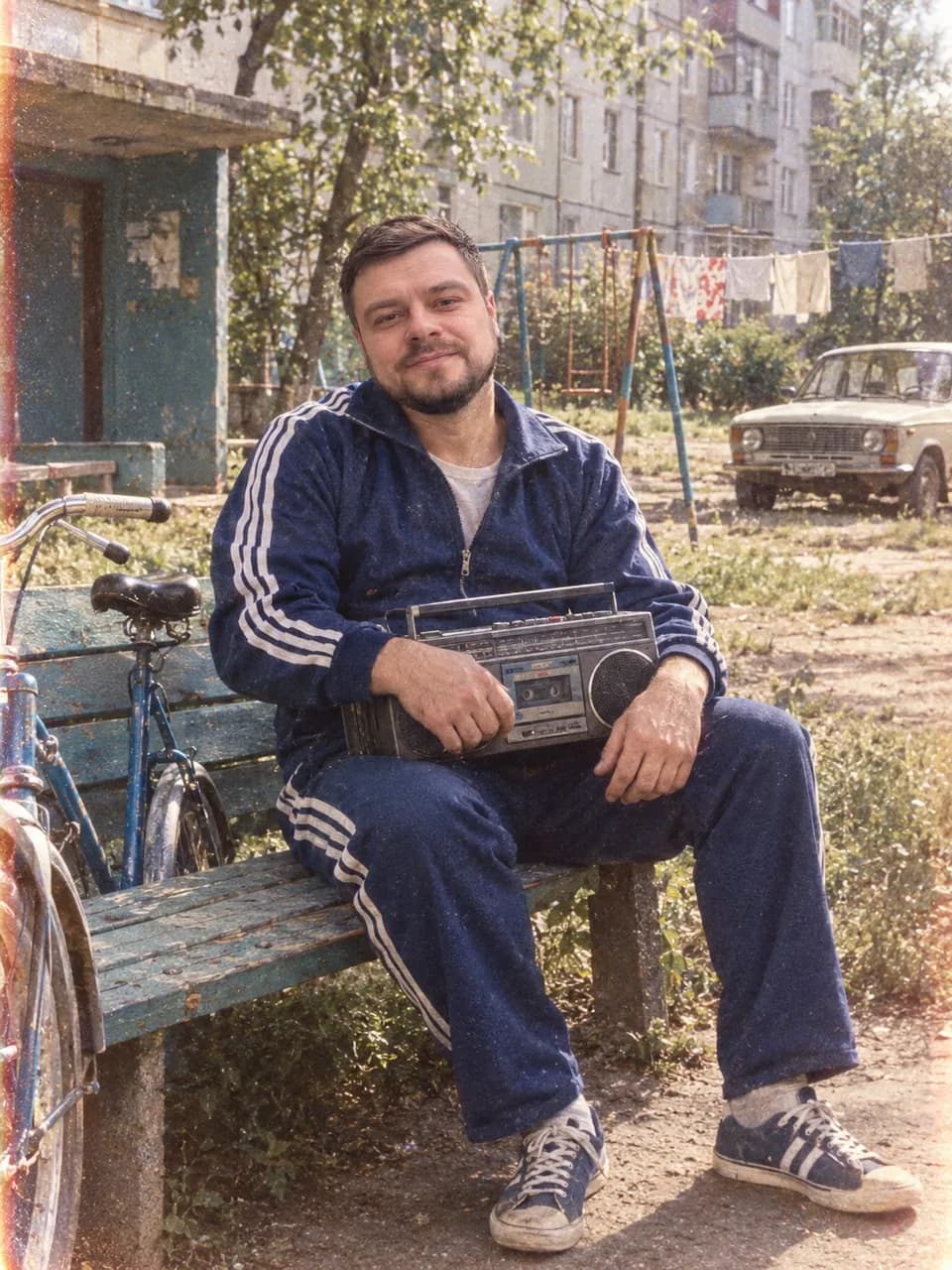 Фото в стиле СССР: мужчина в спортивном костюме с магнитофоном во дворе пятиэтажки, 1980-е