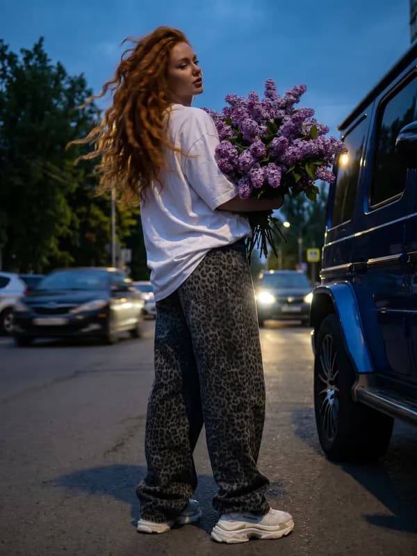 Фотосессия с цветами нейросетью: охапка сирени у машины