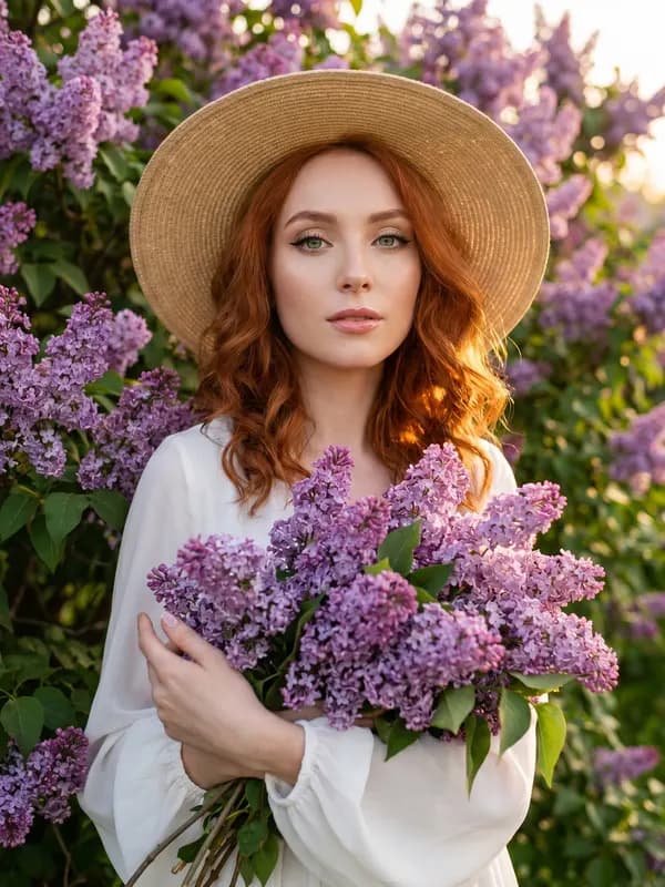 Фотосессия с цветами нейросетью: сирень и соломенная шляпа