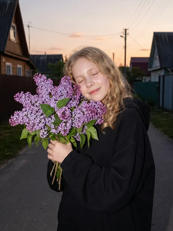 Фотосессия с цветами нейросетью: сирень в деревне