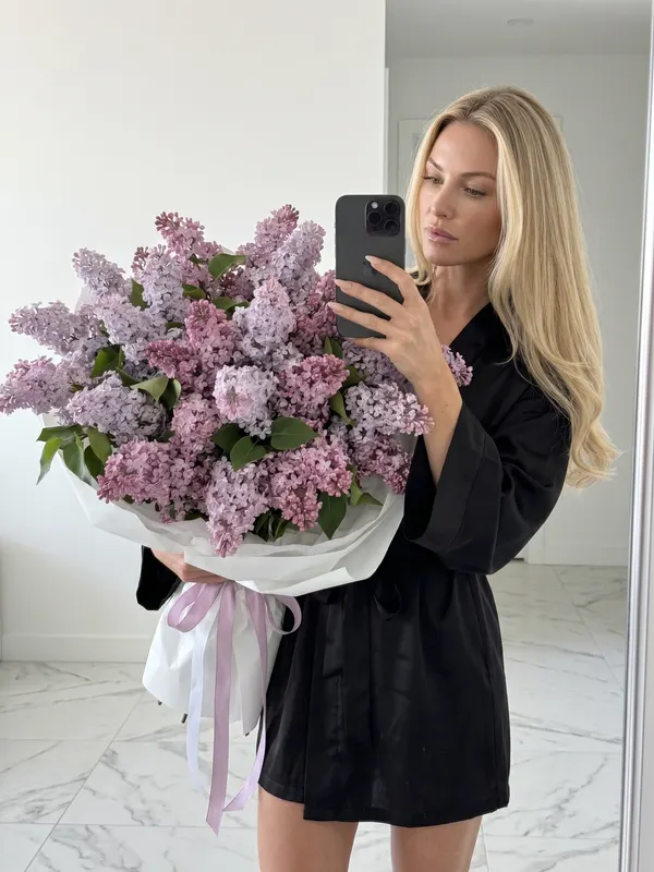 Фотосессия с цветами нейросетью: селфи с сиренью в зеркале